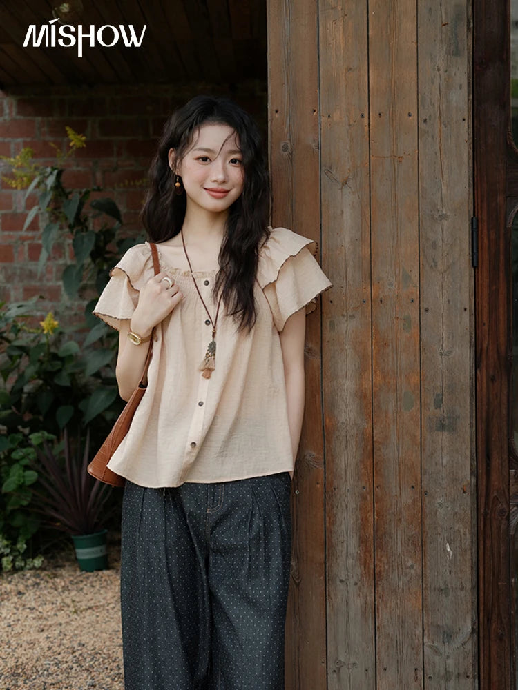 MISHOW Women's Fashion Butterfly Sleeve Blouse Summer 2025 New Loose Casual Square Neck Button Top Women's Clothing MXE37X1854
