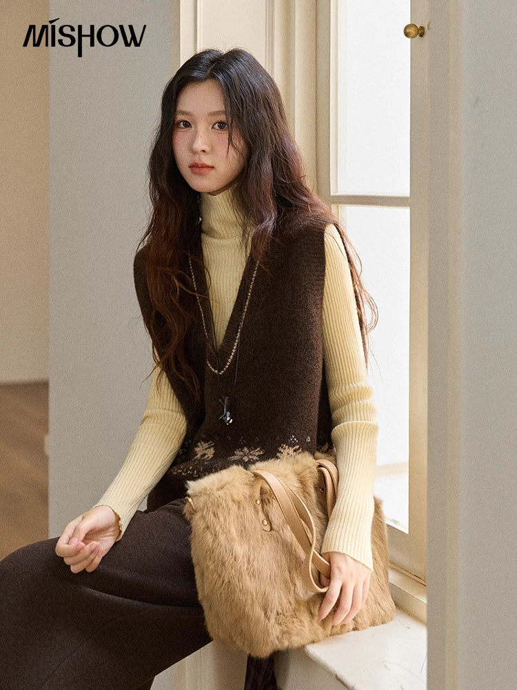 MISHOW Woman Sweater Vest 2025 Winter Retro Brown Jacquard V-neck Knitted Vest Loose Commute Versatile Pullover MXE86Z2659