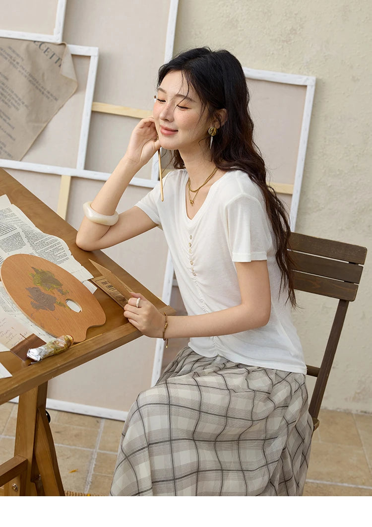 MISHOW V-neck Short Sleeve T-shirt Summer 2025 Mid Front Elastic Fold Single Row Shell Button Tees Casual Slim Tops MXE34T0560