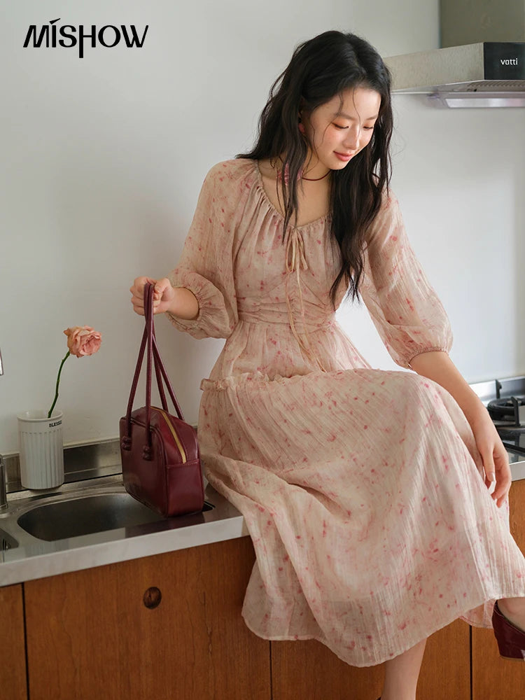 MISHOW Korean Women's Floral Pink Dress Autumn Convertible V Neck Off Shoulder Bubble Sleeves Elastic Waist Dresses MXE41L2479