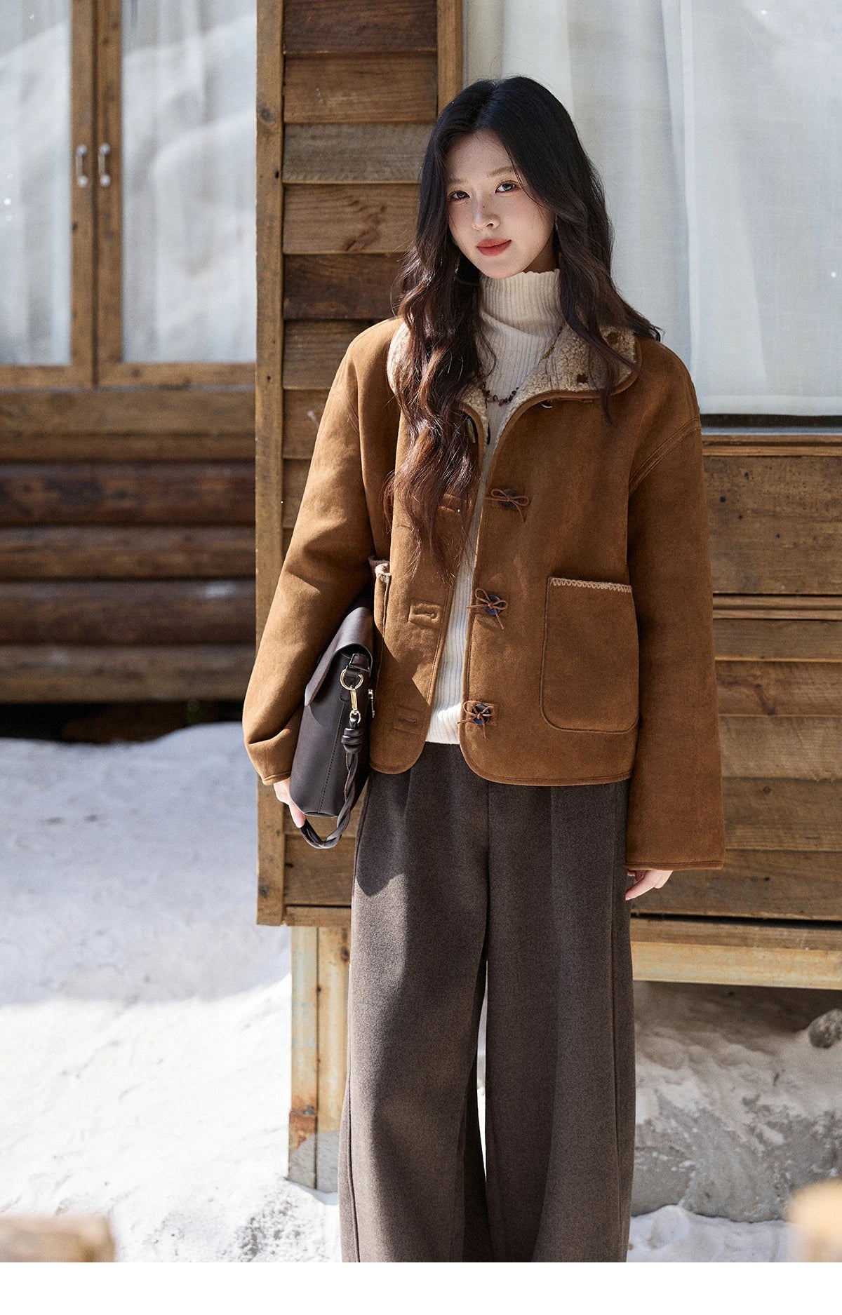 MISHOW Women's Brown Reversible Shearling Coat 2025 Winter Suede Polka Dot Lapel Coats Fleece Thick Warm Short Jacket MXE93W1012