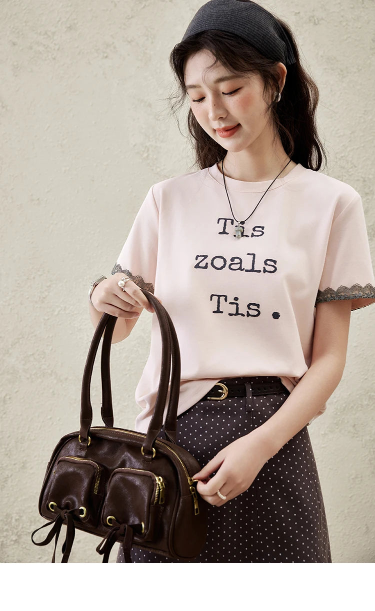 MISHOW Casual Pink Letter T-shrit Women Summer 2025 New Short Sleeve Round Neck Shirts Woman Fashion Lace Tops Lady MXE32T0529