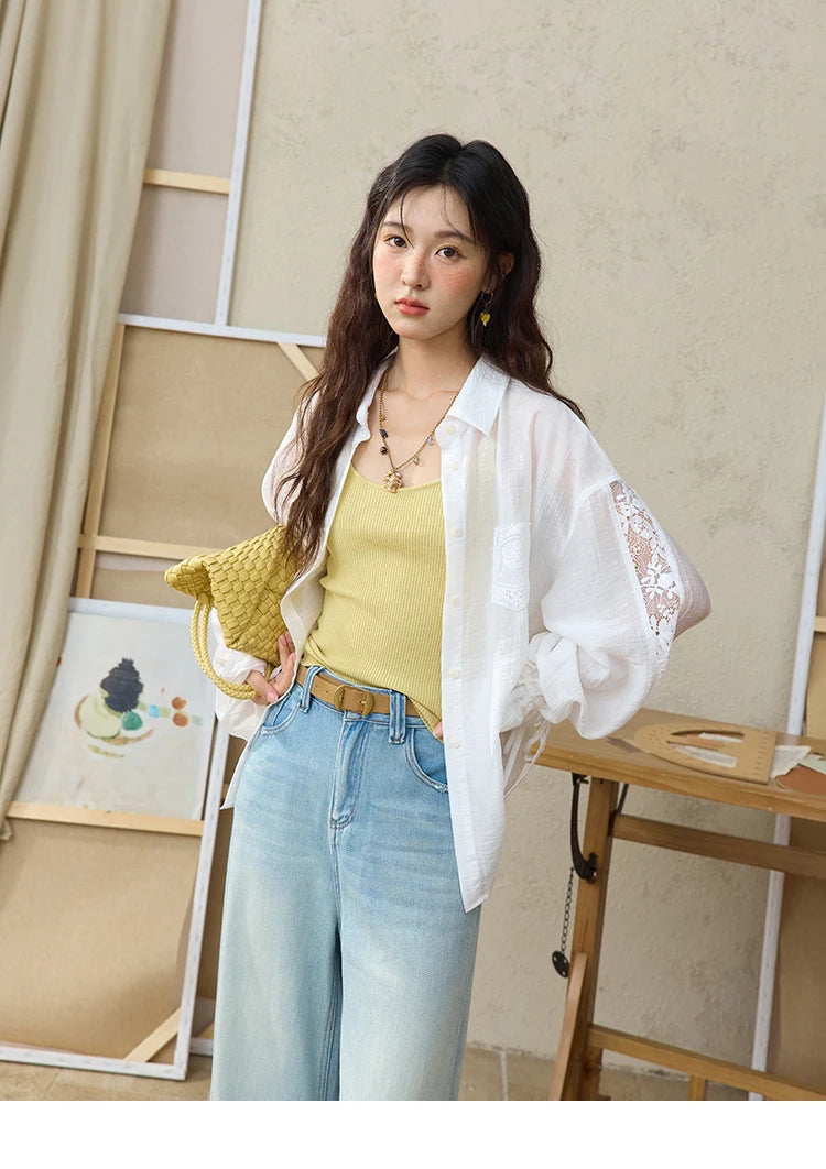 MISHOW Blend Patchwork Lace Cool Shirt Female Autumn 2025 Korean Loose Lapel Drop Sleeve Shirts Drawstring Cuffs Top MXE31C0789