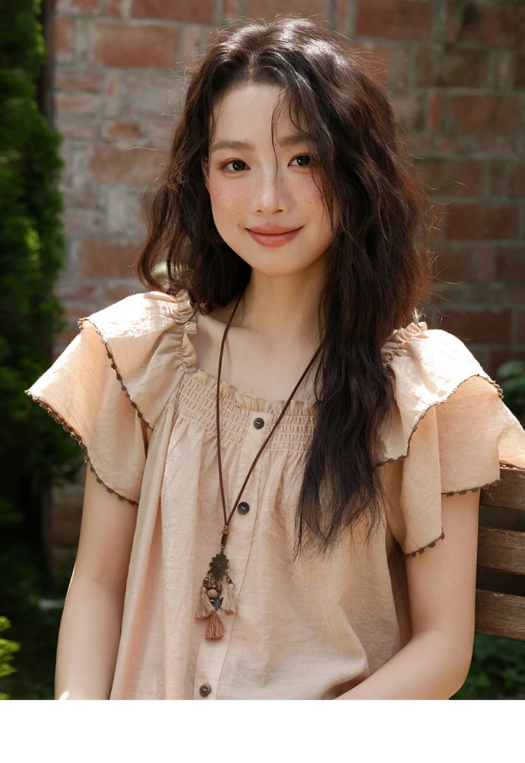 MISHOW Women's Fashion Butterfly Sleeve Blouse Summer 2025 New Loose Casual Square Neck Button Top Women's Clothing MXE37X1854