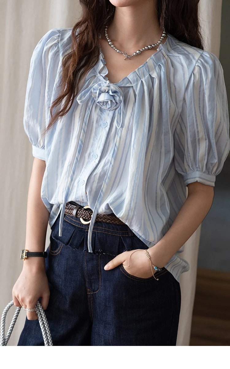 MISHOW Women's Striped Casual Shirt 2025 Summer New Lady Fashion Puff Sleeve V-Neck Button Blue Shirt Female Clothing MXE36X1870