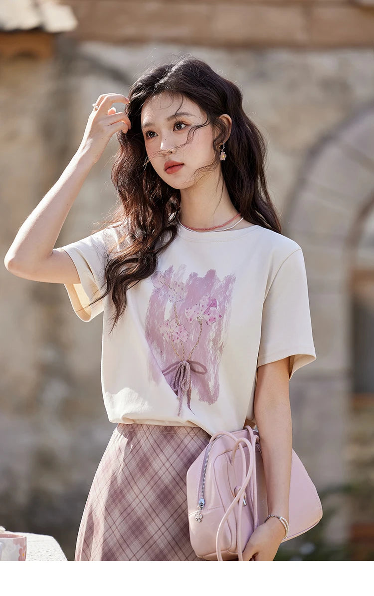 MISHOW Iris Cool Cotton T-shirt for Women Spring 2025 Spray Printing Slim Tees Round Neck Breathable Versatile Top MXE13T0453