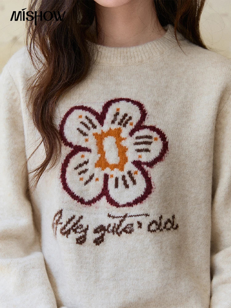 MISHOW Women's Beige Knitted Sweater 2025 Winter Flower Pattern Letter Print Tops O-neck Loose Warm Pullover Sweater MXE91Z2869