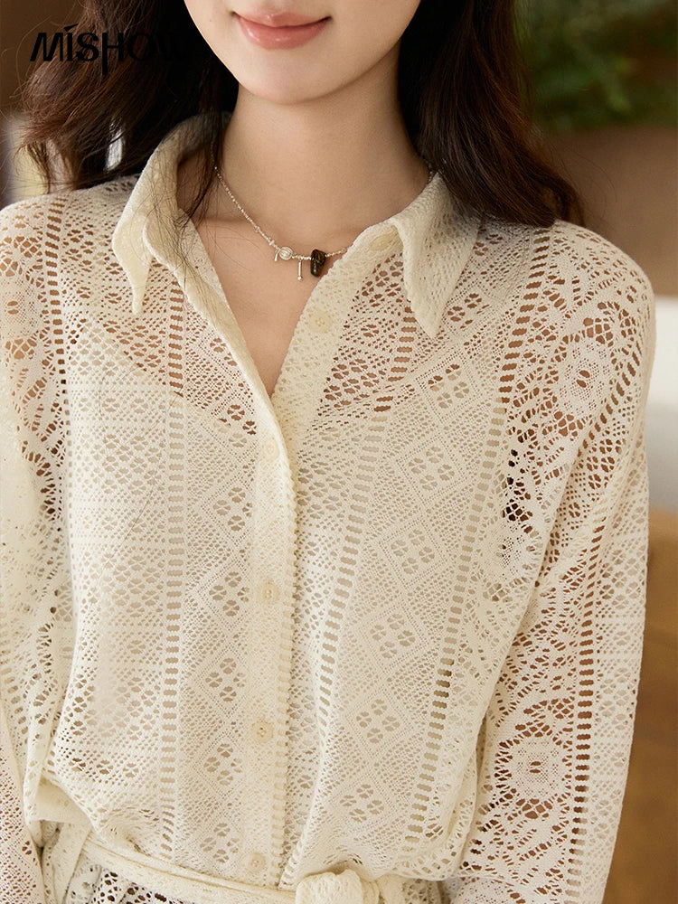 MISHOW Women's Hollow-out Lace Shirt Camisole Set 2026 Spring Lapel Drawstring Waist Sheer Casual Two-Piece Knitwear MXF108C0816