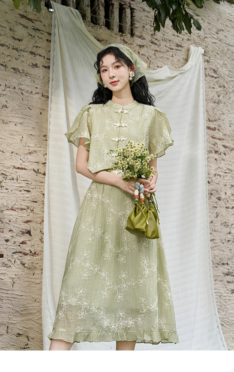 MISHOW Chinese Green Stand Collar Lotus Leaf Overlapping Sleeve Top Hem Stringy Selvedge Skirt Separately 2024 Summer MXD22X1388