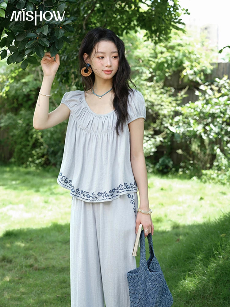 MISHOW Women's Two Piece Set 2025 Summer New Embroidery Flower Round Neck Blouse Fashion Pocket Wide Leg Pants Set MXE39T0669