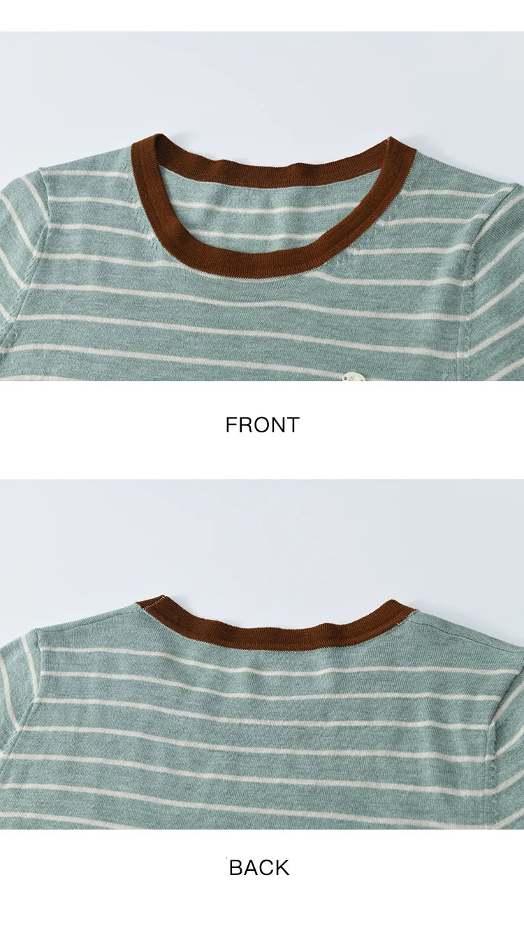 MISHOW Striped Knitted T-shirt for Women Summer 2025 Color Contrasting Round Neck Tees Wool Blended Slim Casual Top MXE35Z1270