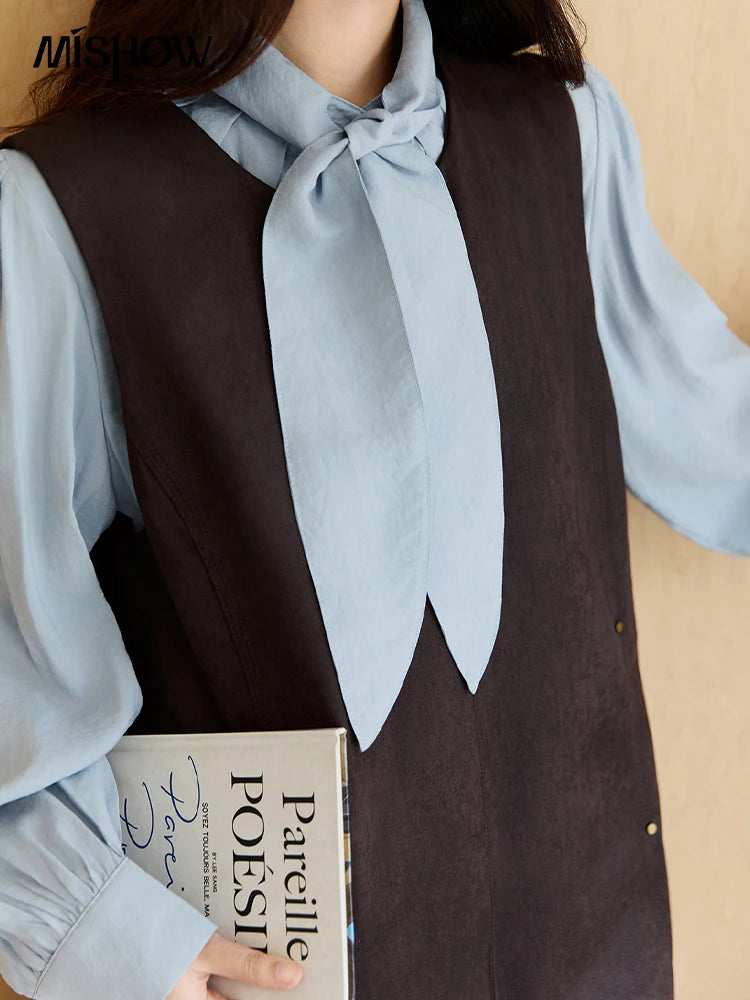MISHOW Woman Two-piece Set 2025 Autumn College Style Light Blue Shirt Dark Brown Vest Skirt Suit Woman Clothes MXE47T1408