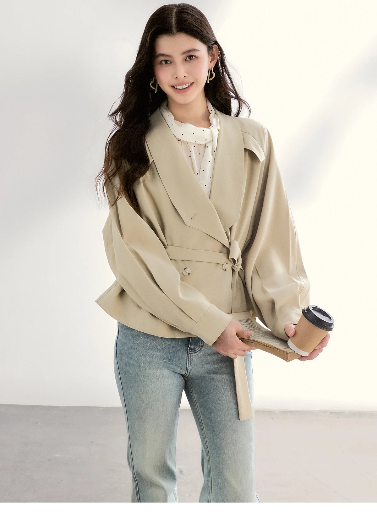 MISHOW Women's Khaki Belted Waist Coat 2026 Spring Lapel Double-breasted Coats female Casual Short Jacket Office Lady MXF13W1056