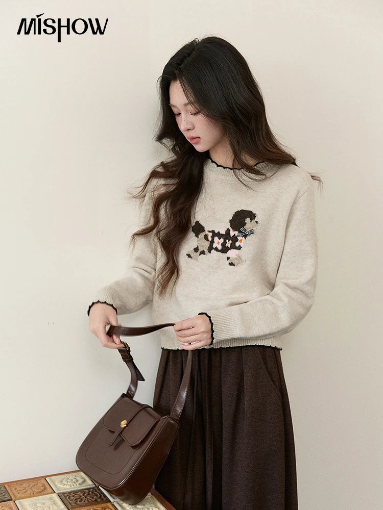 MISHOW Women's Burgundy Knitted Sweater 2025 Winter Poodle Pattern Ruffled Trim Crew Neck Sweater Warm Pullover Tops MXE93Z2949