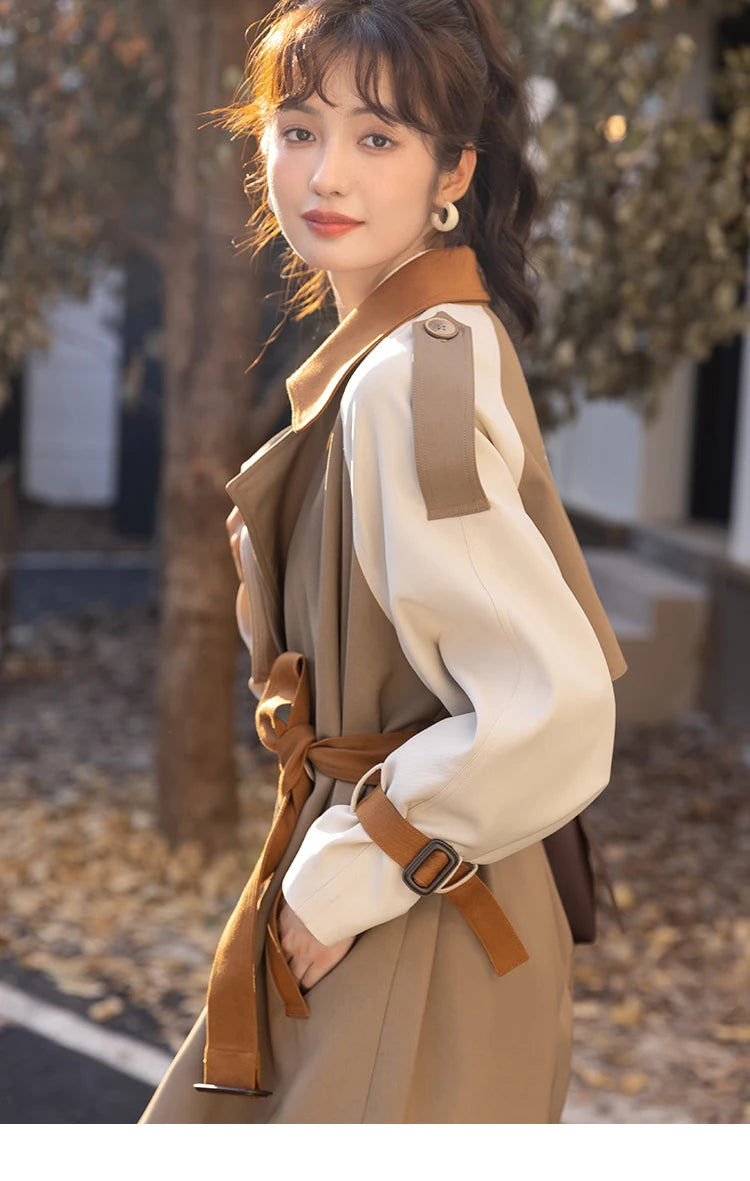 MISHOW Autumn Women's Khaki Trench Contrast Color Woman Clothes Spliced Turn-down Collar All-match Casual Jacket MXB31W0367