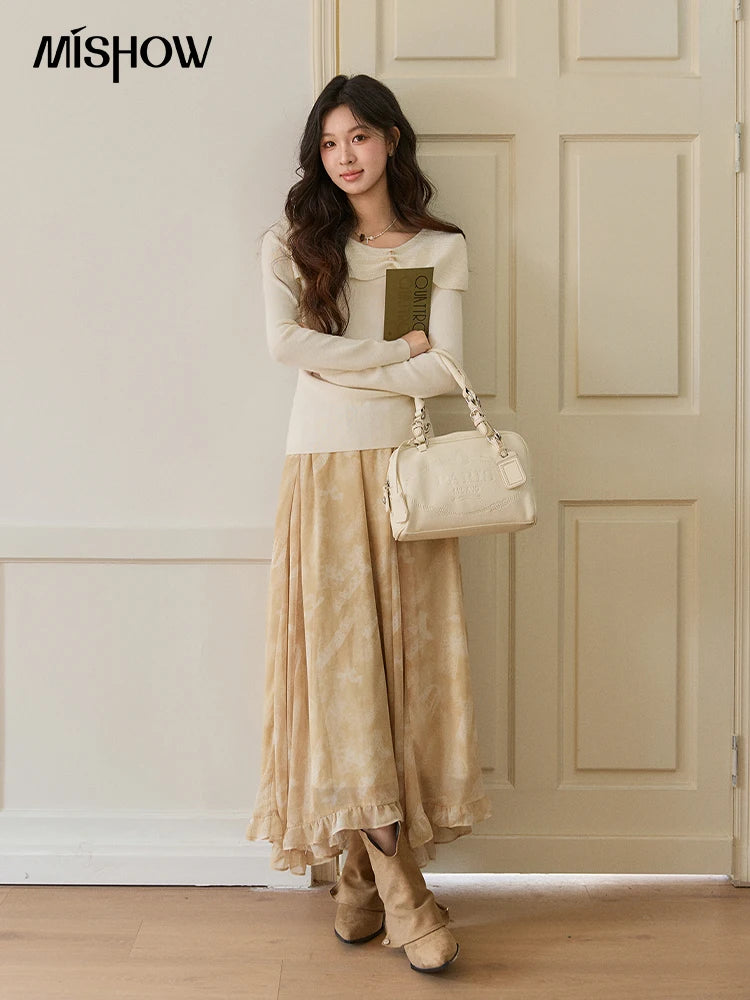 MISHOW Women's Beige Chiffon Maxi Skirt 2026 Spring Floral Print High Waist Ruffled Asymmetrical Casual Long Skirts MXF11B2463