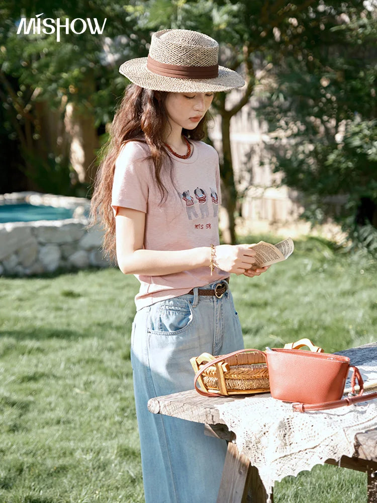 MISHOW Short Sleeve Little Bear Print T-shirt for Women 2025 Summer New O-Neck Embroidery Top Versatile Loose Tee MXE39T0699