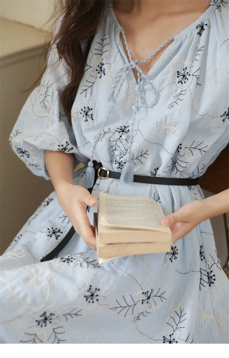 MISHOW Blue Flower Embroidered Dress 2025 Autumn Seven Cent Lantern Sleeve Tassel Tie Rope V-neck Dresses with Belt MXE42L2493
