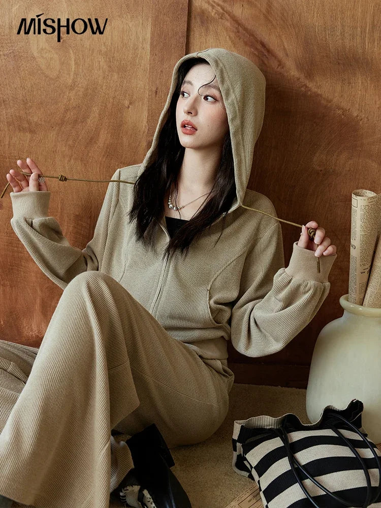 MISHOW Hooded Double Zipper Sweatshirt Knitted Straight Leg Pants Separately Versatile Top Back Elastic Waist Pants MXD44Z0794