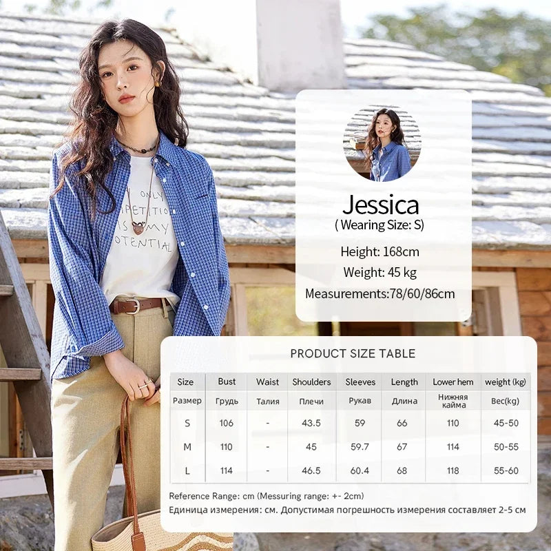 MISHOW Fashion Retro Blue Checkered Shirt Women's Autumn New Loose Casual Lapel Cotton Shirts Long Sleeves Tops Women MXE11C0398