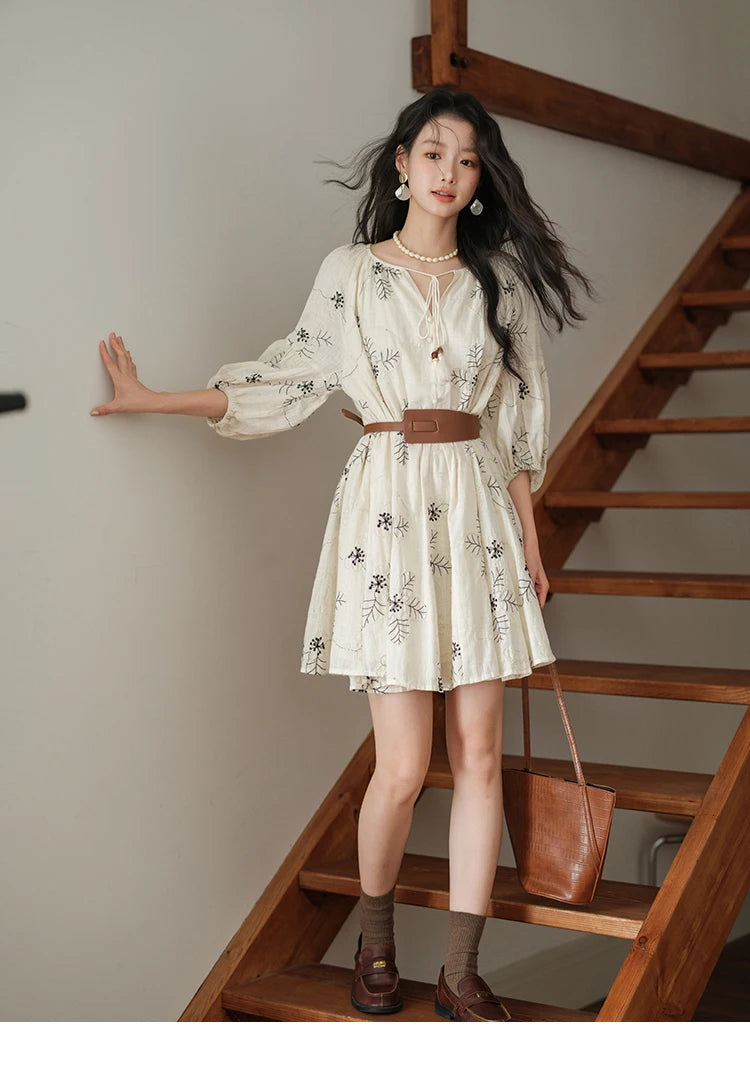 MISHOW Embroidered Doll Dress 2025 Seven Cent Lantern Sleeve Dress O-neck Tassel Lace-up Cotton Dress with Waist Belt MXE41L2480