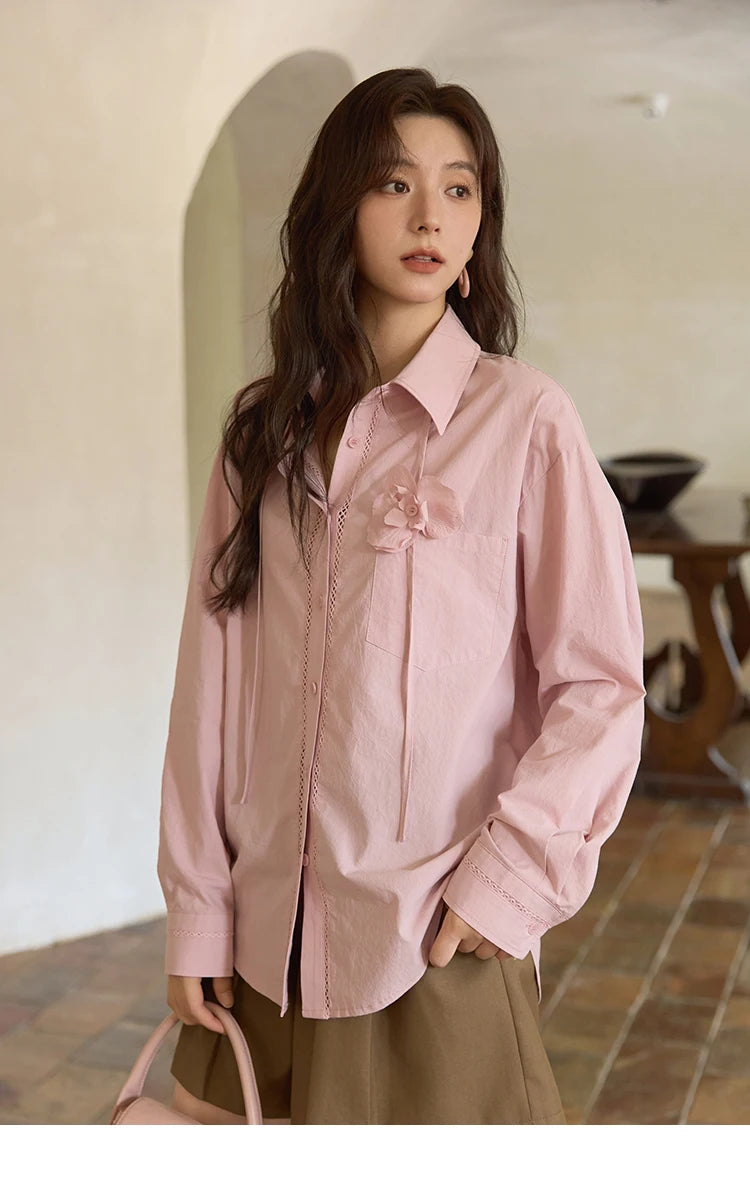 MISHOW 100% Cotton Shirt For Women Autumn 2025 New Fashion Petal Ribbon Button Long Sleeves Shirt Women's Clothing MXE41C2349