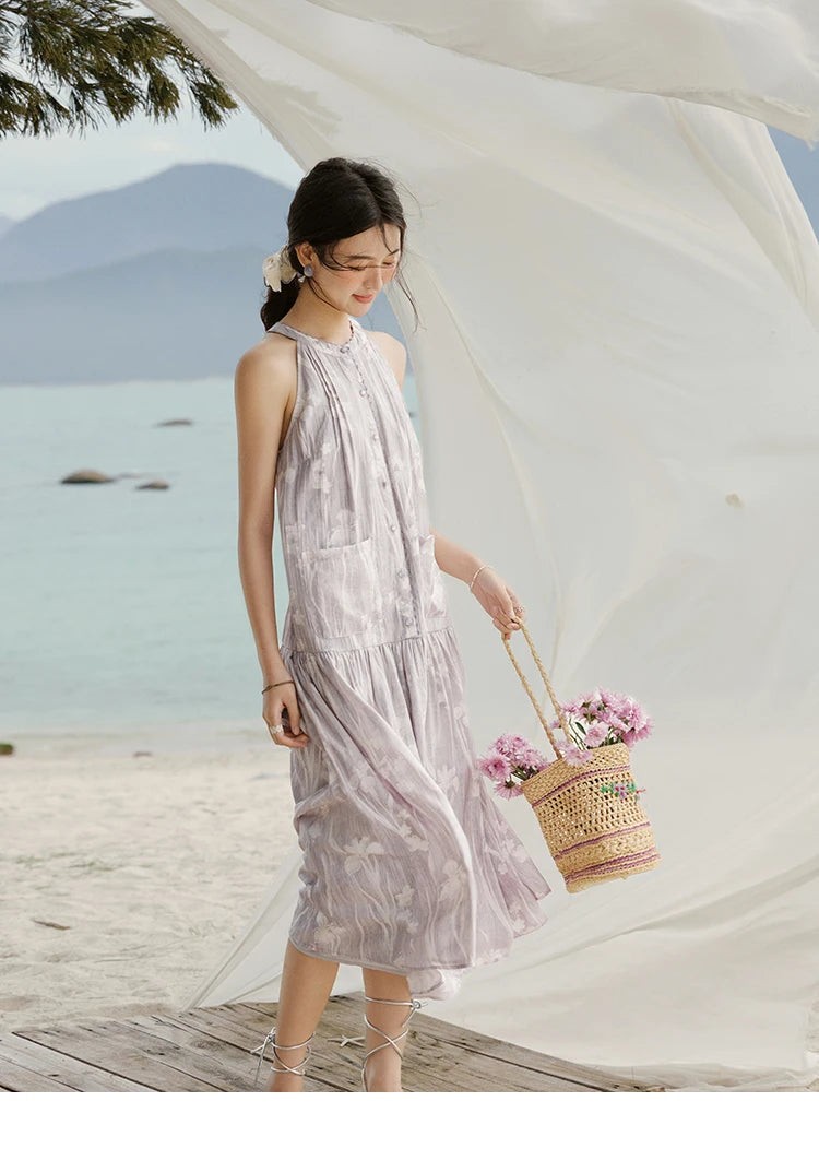 MISHOW Purple Print Chiffon Holiday Dress Women 2025 Summer Sleeveless Stand Collar Slim Dresses Woman New Fashion MXE32L2163