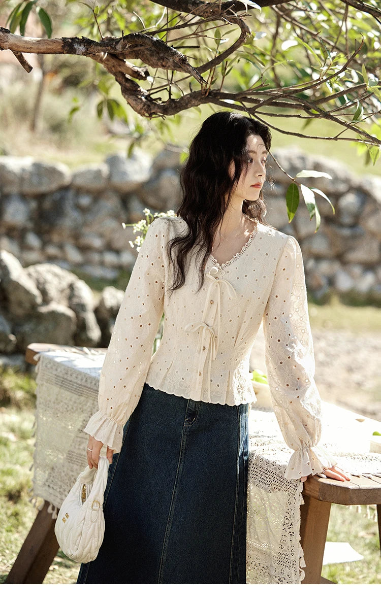 MISHOW Hollow Lace Shirt for Women Spring 2025 French Retro Lace100 Cotton Shirt V Neck Waist Elastic Cuffs Blouses MXE12X1710