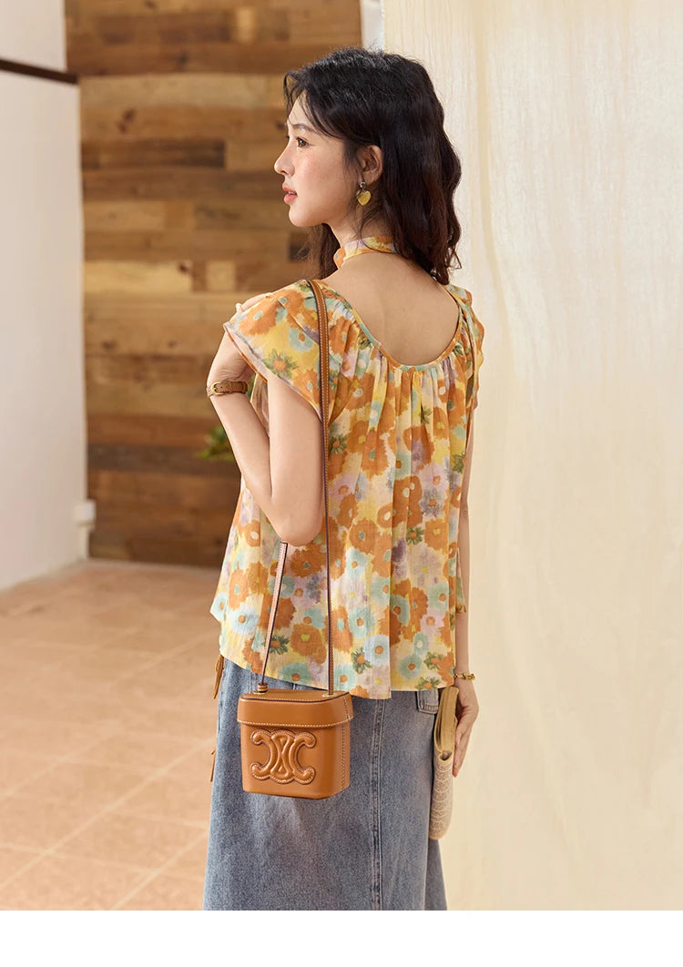 MISHOW 100 Cotton Citrus Oil Painting Printed blouse for Women 2025 Summer Vacation Korean Flying Sleeve Casual Top MXE36X1872