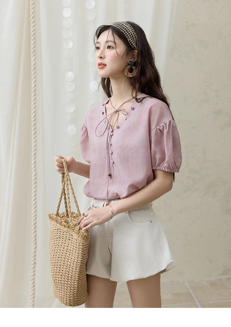 MISHOW French Summer Blouses Women Solid Short Puff Sleeve V-neck Lace-up Design Shirts Female Fashion Straight Tops MXE33X1743