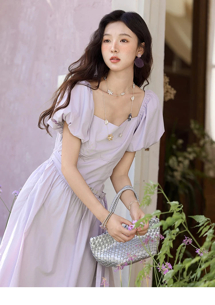 MISHOW French Purple Dresses Women Summer 2025 Solid Short Puff Sleeve Square Neck Slimming Dress Woman New Fashion MXE34L2222