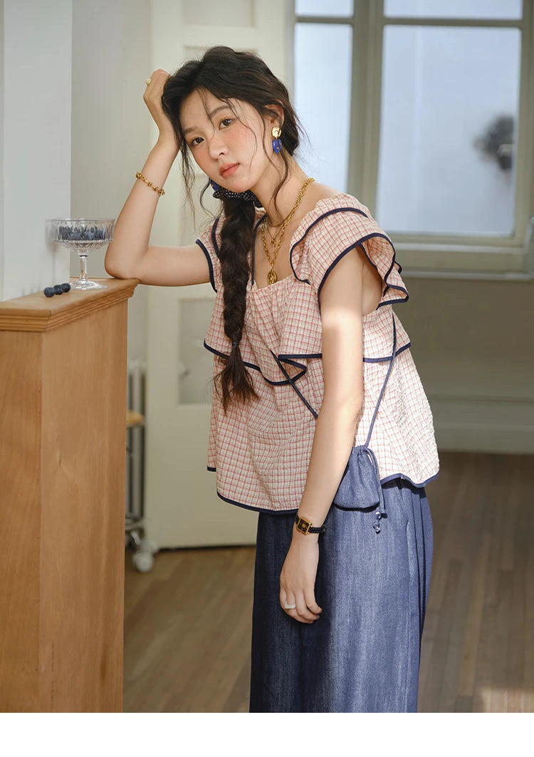 MISHOW Two-Piece Ladies Set Square Neck Ruffles Plaid Blouse High Waist Slim Wide Leg Casual Pants Set 2025 Summer MXE36T0636