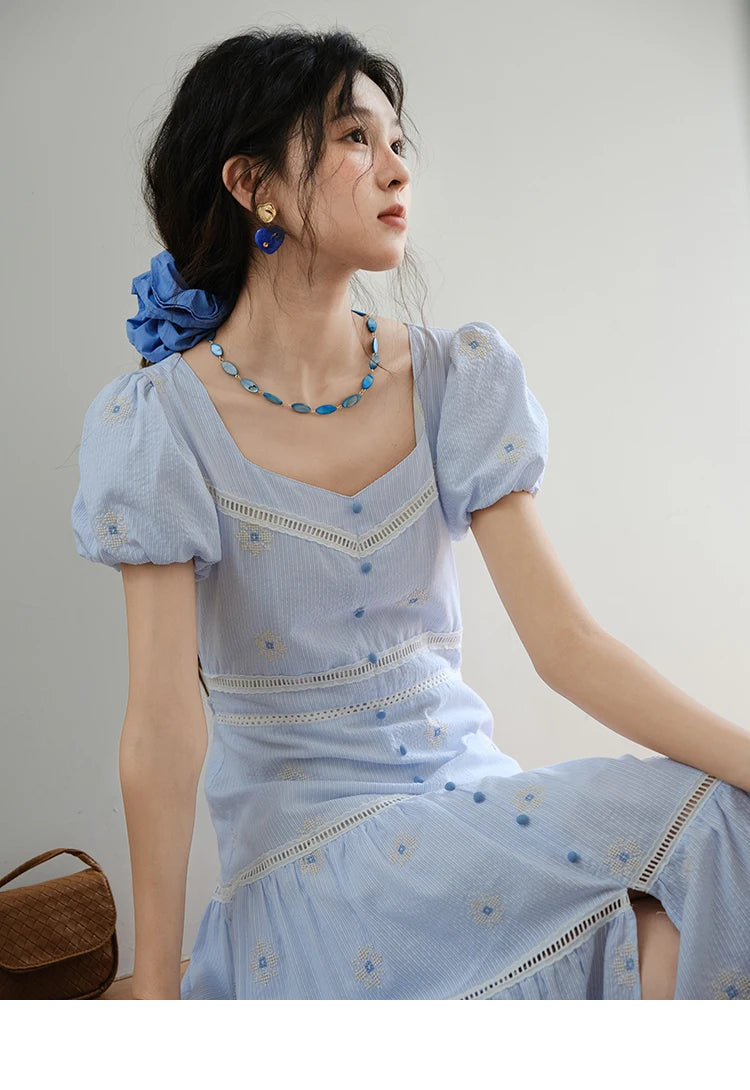 Mishow French Sweet Flower Embroidery Puff Sleeve Dress MXE35L2271