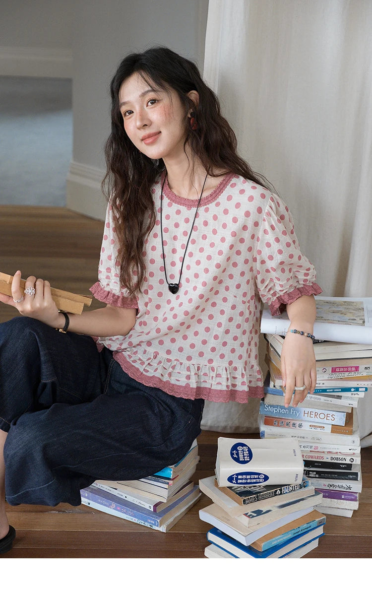 MISHOW Women's Blouse Fashion Pink Polka Dot Short Top 2025 Summer Sweet Puff Sleeve Blouse Casual Female Clothing MXE37X1900