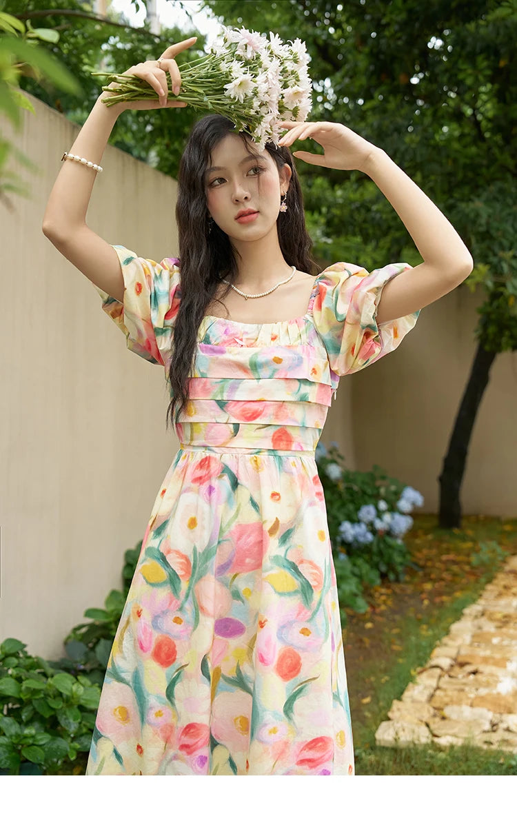 MISHOW French Tulip Fragmented Flower Dresses for Women 2024 Summer Beach Vacation Puff Sleeve Sweet Elegant Dresses MXD28L1896