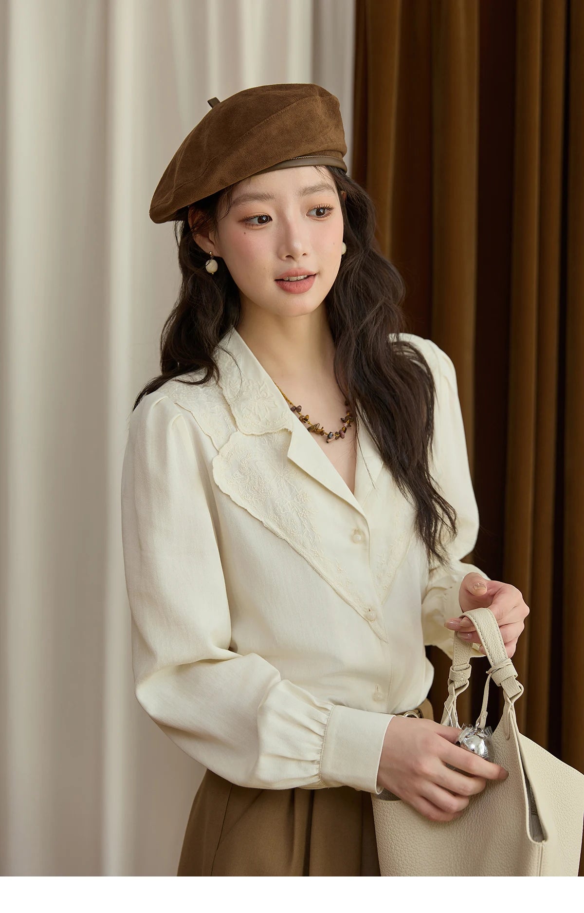 MISHOW Women's Casual Shirts 2025 Autumn Apricot Retro Lace V-neck Top Long Sleeve Lightweight Shirts Women Clothing MXE45X2486