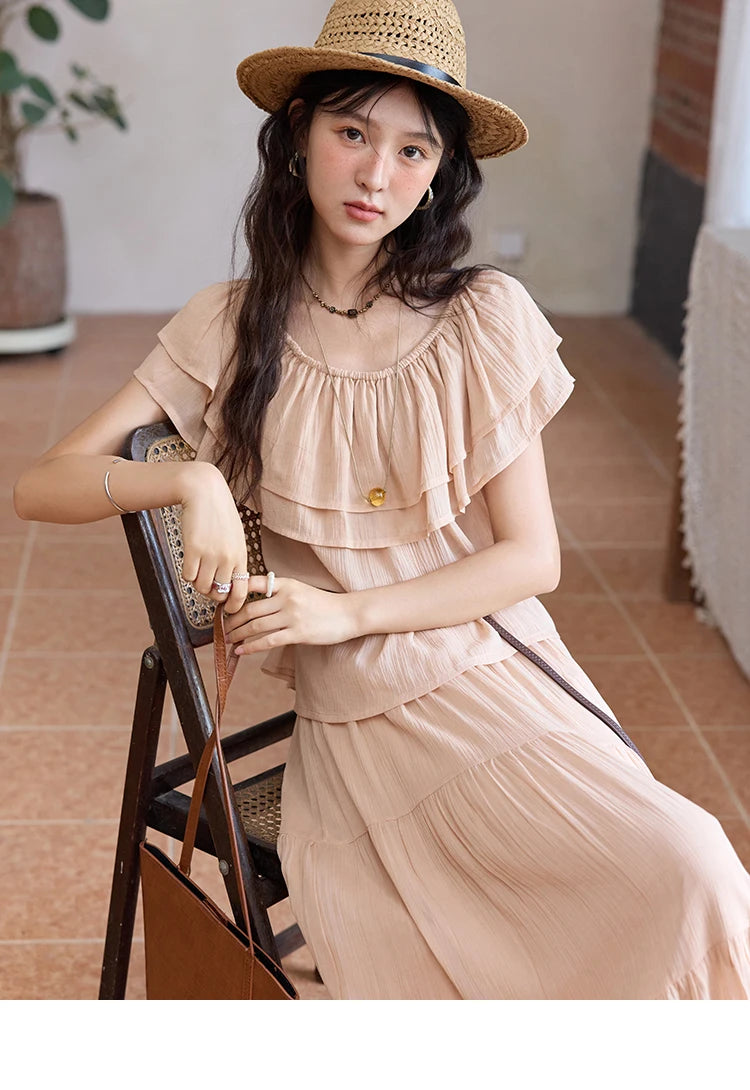 MISHOW Women Fashion Two-Piece Set 2025 Summer Loose Lotus Leaf Edge Off Shoulder Top Elastic Waist Skirt Ladies Set MXE36T0637