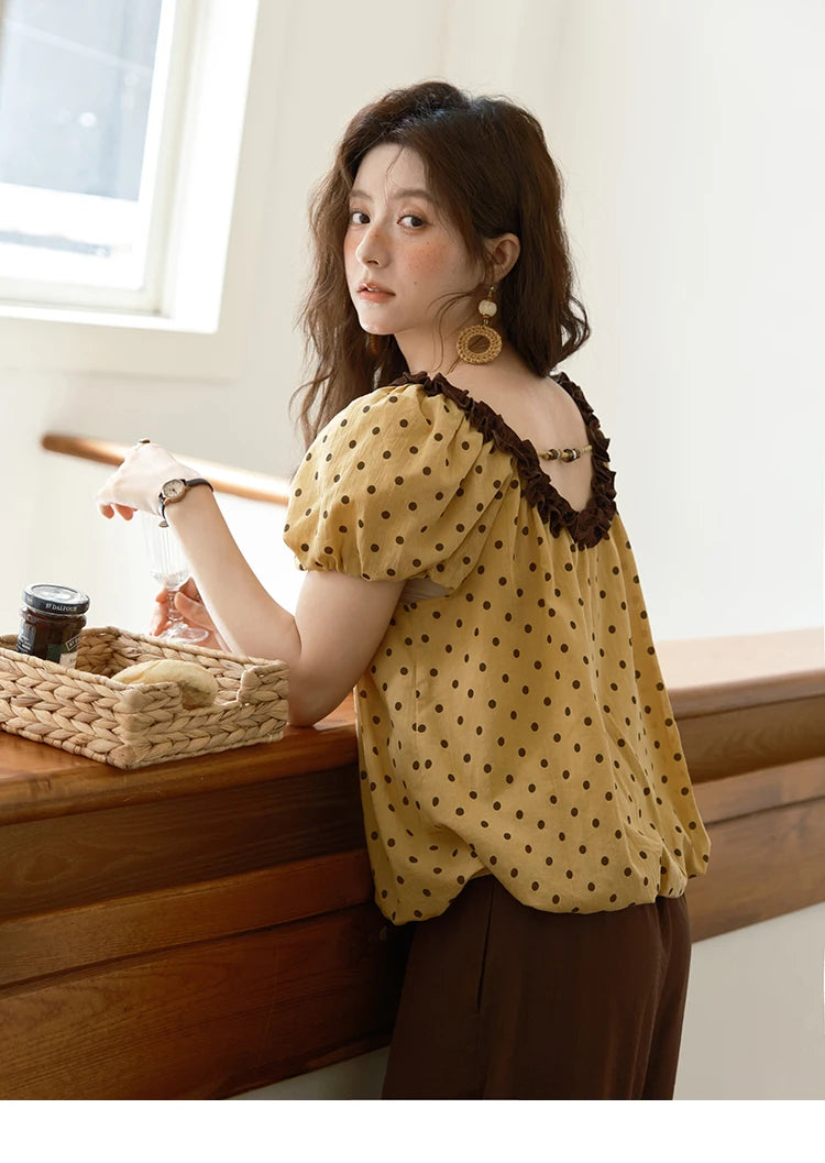 MISHOW 2025 Summer Women's Two Piece Set Polka Dot Puff Sleeve Top Casual Pocket Wide Leg Pants Set Female Clothing MXE39T0657