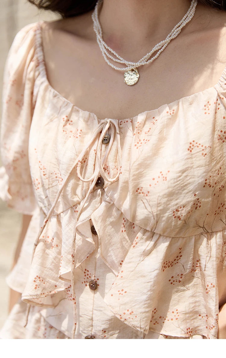 MISHOW French Floral Print Square Neck Shirt for Women 2025 Summer Bubble Sleeve Patchwork Double-layer Ruffle Tops MXD30X1565