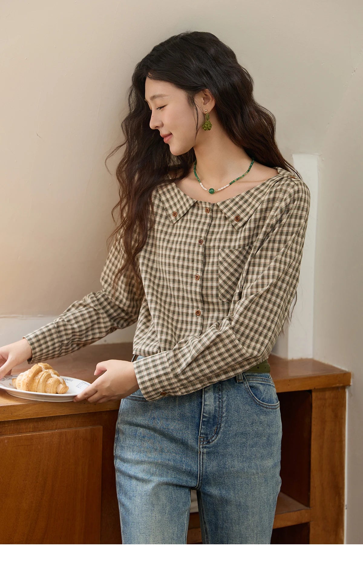 MISHOW Women's Casual Shirts Cotton Autumn Side Slit Pockets Plaid Shirts Commute  Elegant Chic Woman Top with Belt MXE44X2469