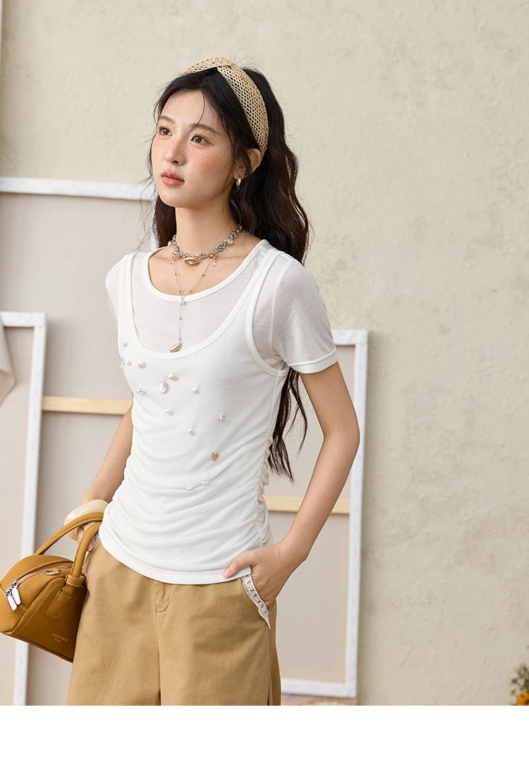 MISHOW 100Cotton Khaki Lace Patchwork Wide Leg Pants for Summer 2025 High Waist Straight Leg Trousers Commuting Pants MXE34K0925