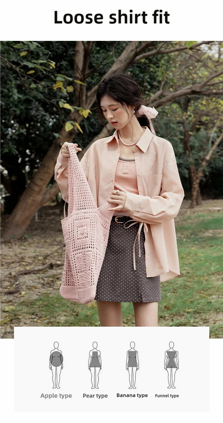 MISHOW Pink Long Sleeve Shirt for Women Spring 2025 Korean Splicing Lace Bow Tie Shirt Polo-neck Solid Versatile Tops MXE16C0767