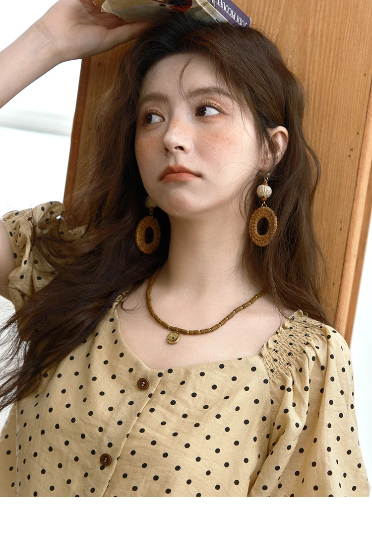 MISHOW Women's Polka Dot Puff Sleeve Blouse 2025 Summer New Ladies Button Retro Sweet V-neck Top Women's Clothing MXE37X1859