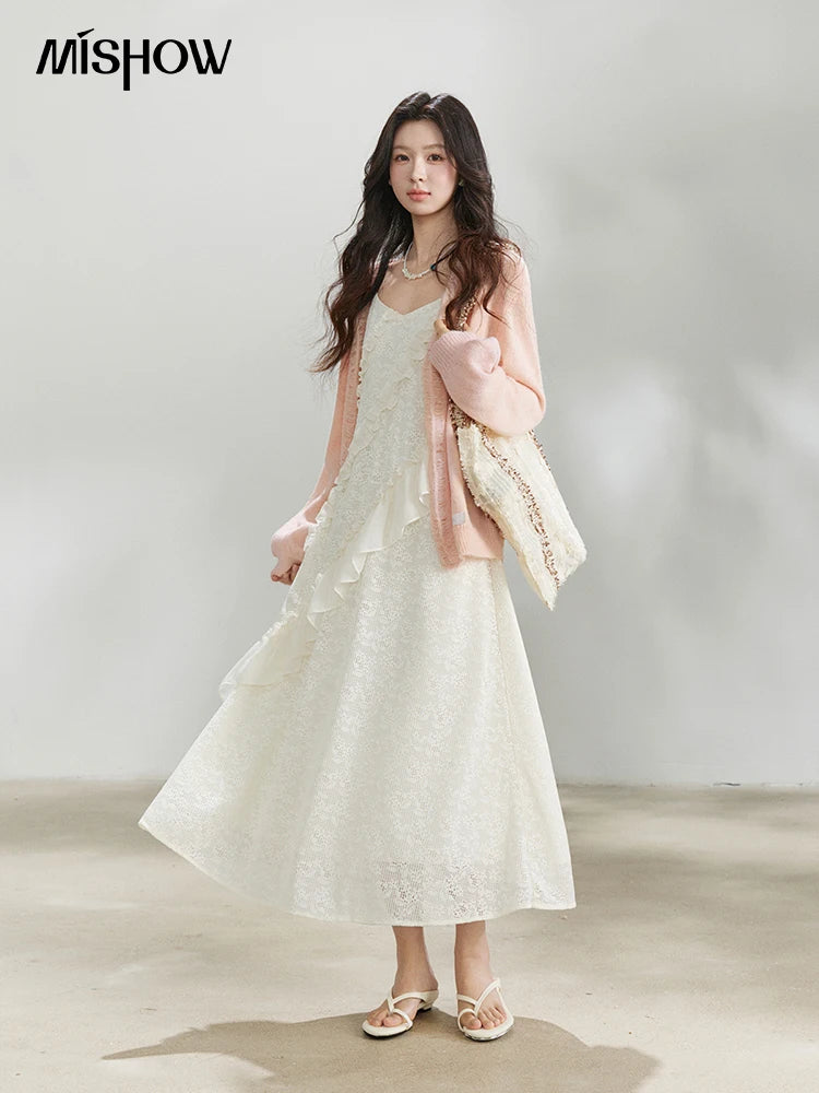 MISHOW Women's Cream Irregular Lace Slip Dress 2026 Spring V-Neck Ruffled Maxi Dresses Casual A-line Romantic Dress MXF108L1005