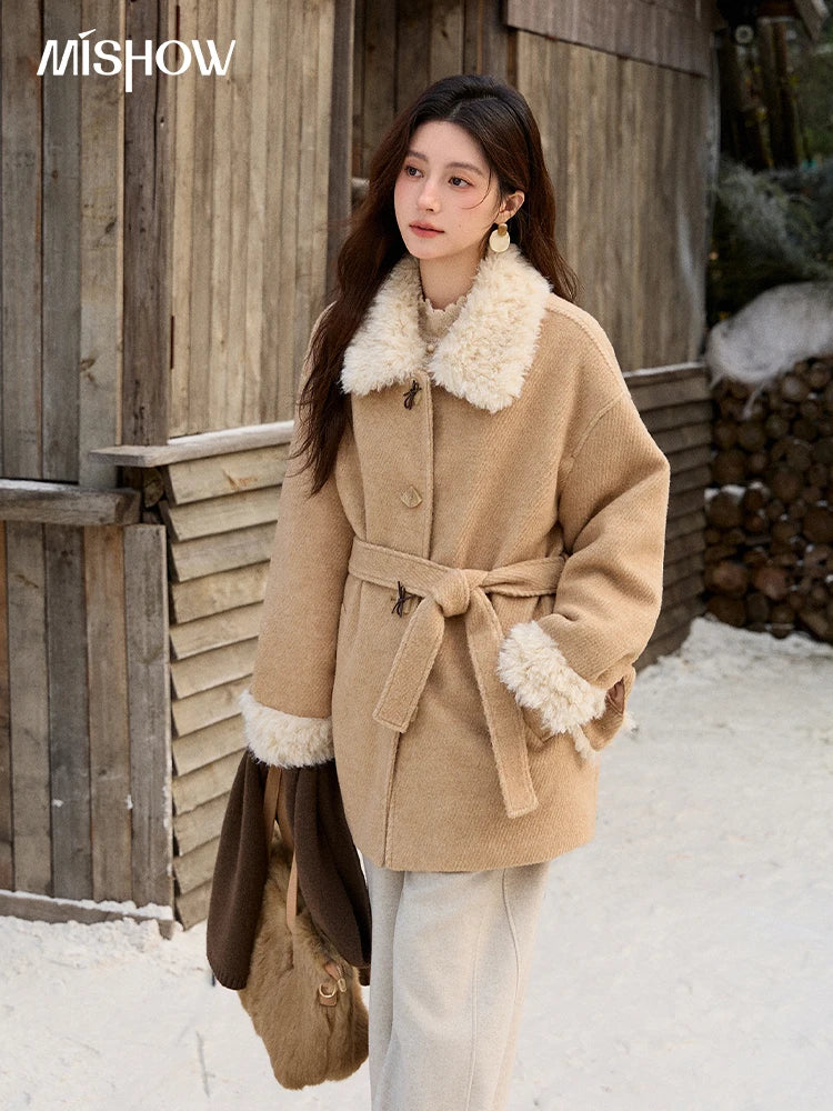 MISHOW Women's Thick Wool Blend Coat 2025 Winter Korean Retro Fleece Patchwork Coats Belted Lapel Elegant Overcoat MXE92W0997