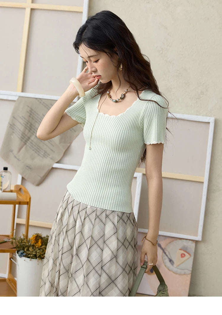 MISHOW Apricot Green Retro Plaid Skirt for Women Summer 2025 Pleated Chiffon High Waist Elegant Slim A-line Skirts MXE35B0747