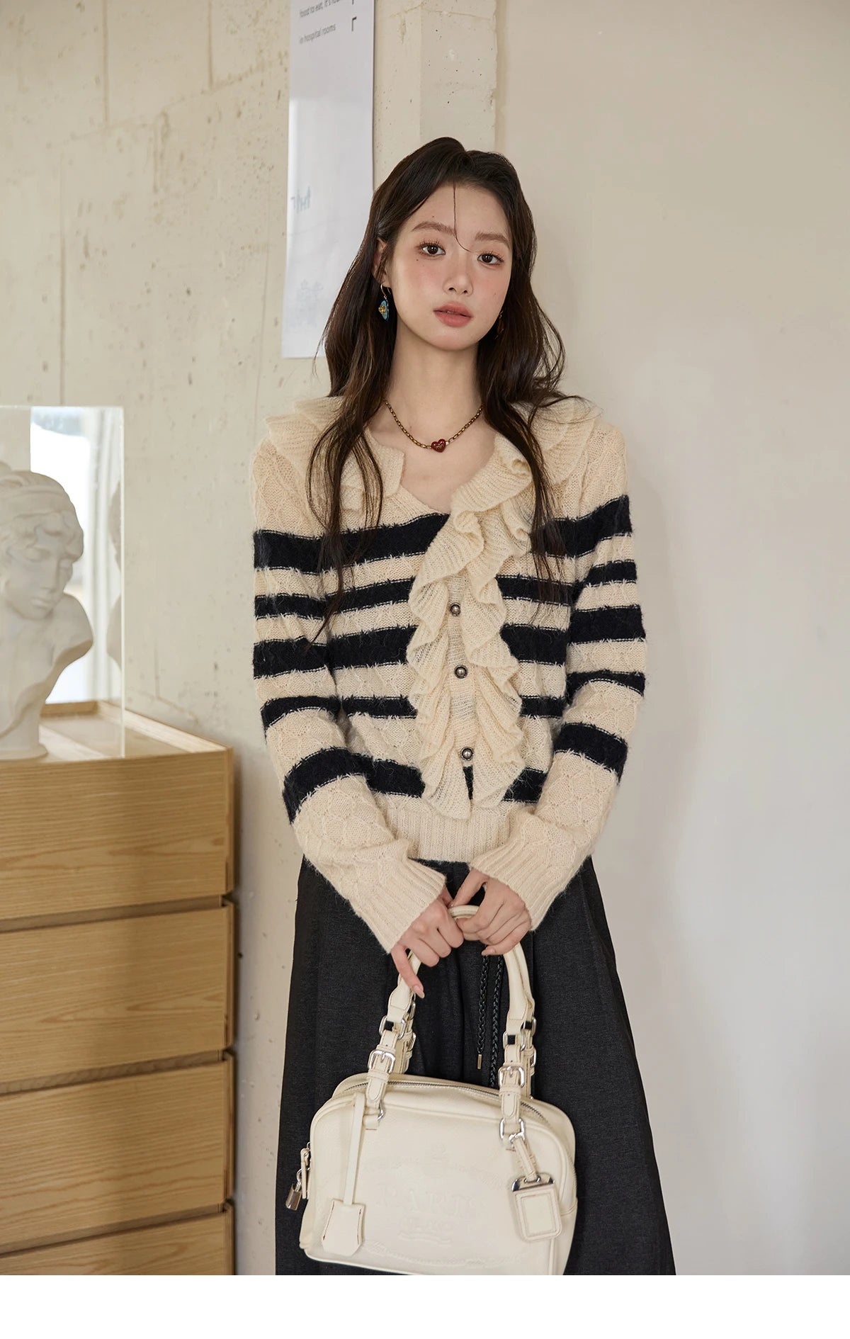 MISHOW Striped Sweater for Women 2025 Autumn New Asymmetrical Ruffled Diamond Shape Knitted Retro Women's Cardigan MXE51Z2633