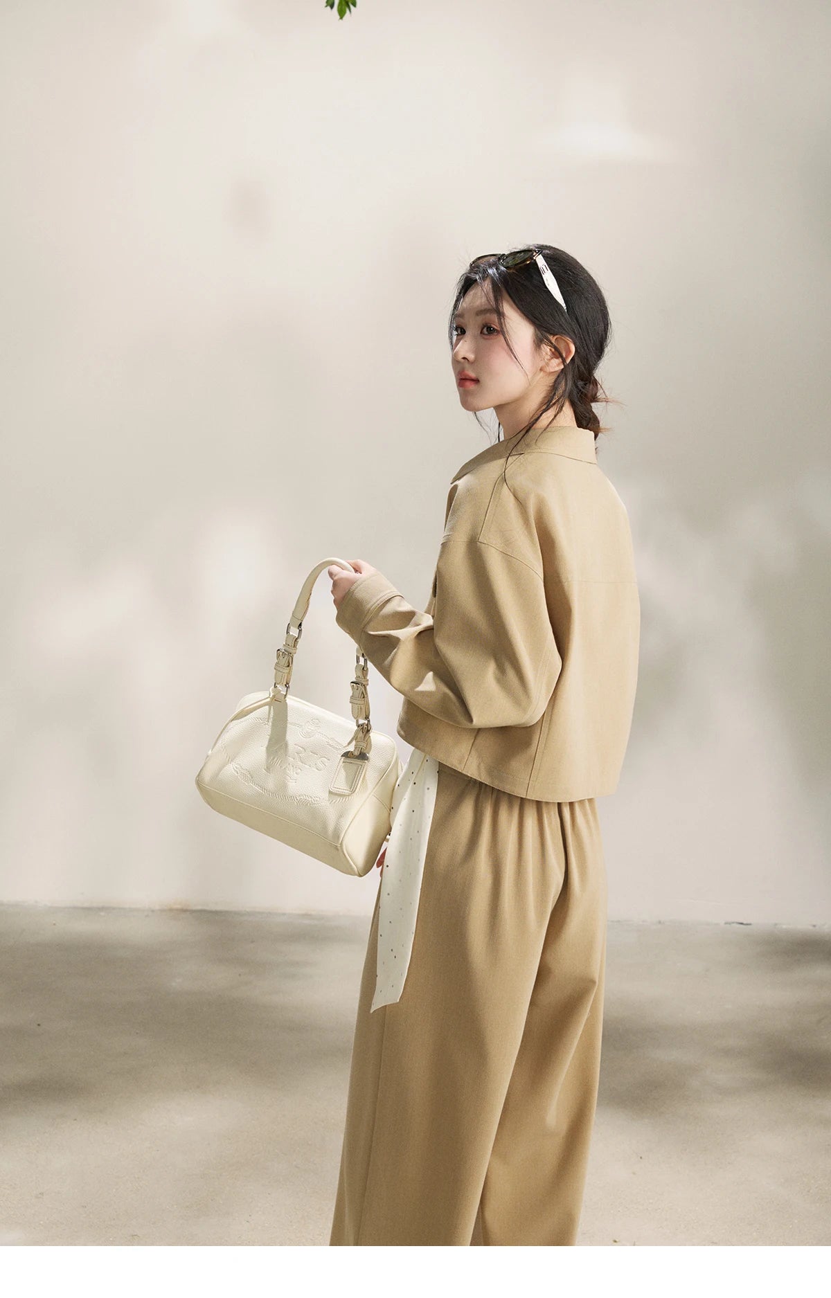 MISHOW Women's Khaki Three-Piece Set Spring Cropped Lapel Short Jacket Irregular Polka Dot Vest Wide Leg Pants Set MXF13T1478