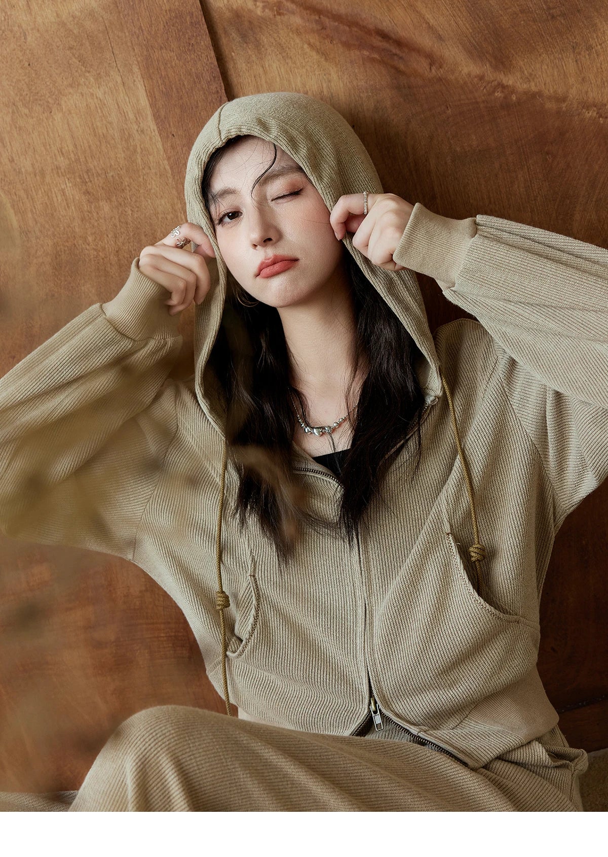 MISHOW Hooded Double Zipper Sweatshirt Knitted Straight Leg Pants Separately Versatile Top Back Elastic Waist Pants MXD44Z0794