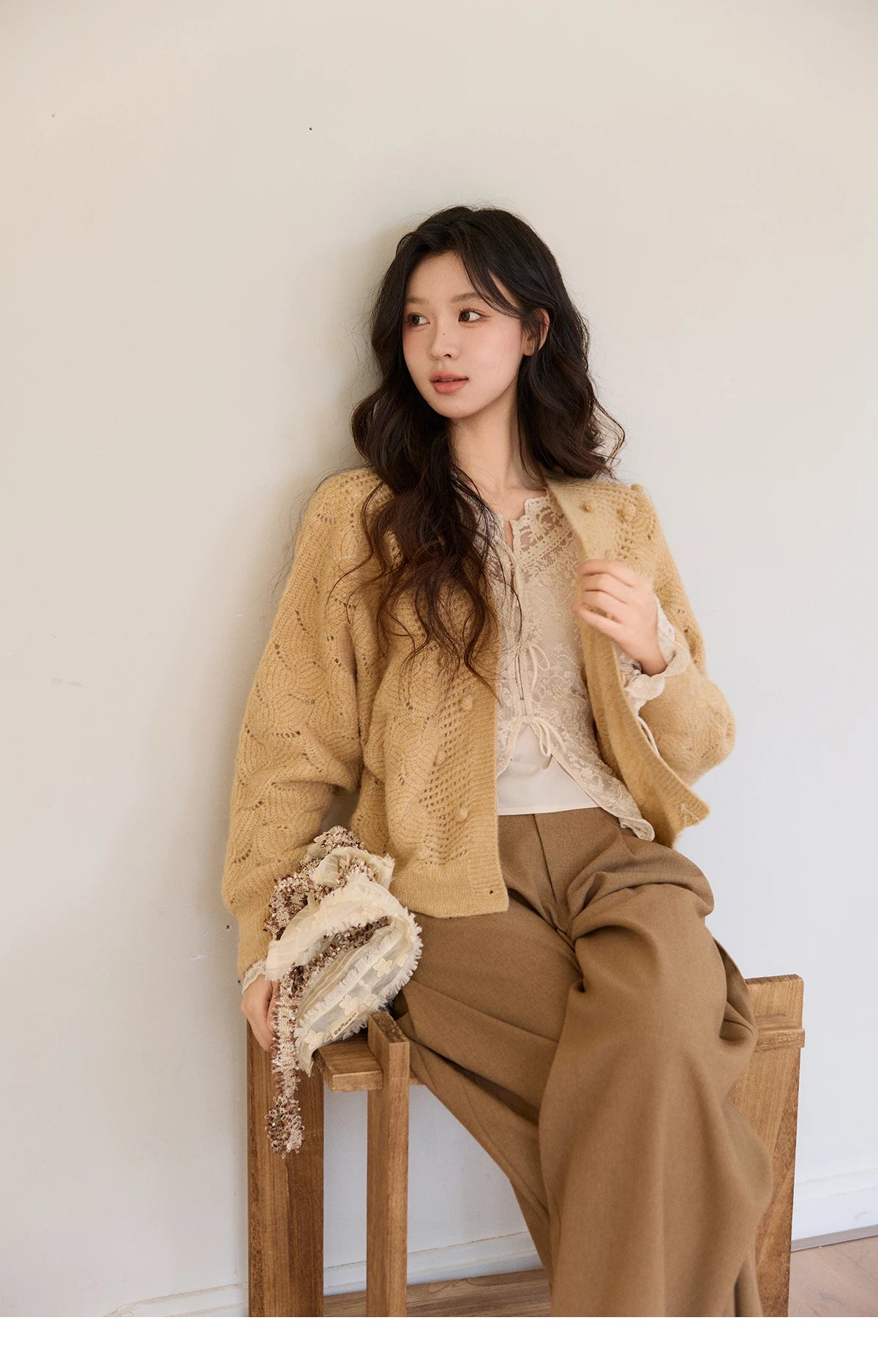 MISHOW Women's Solid Hollow-out Knit Thin Cardigan 2026 Spring V-Neck Bobble Knit tops Casual Loose Knitted Sweater MXF108Z1020